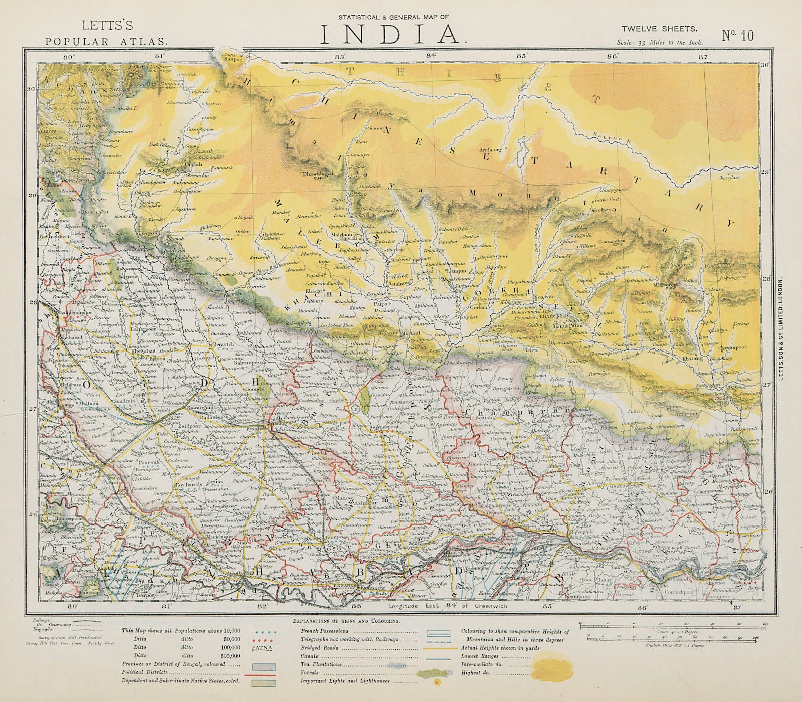 NEPAL & NORTHERN INDIA. Ganges Lucknow Varanasi Tea plantations. LETTS 1884 map